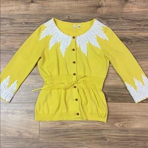 Anthropologie moth yellow cardigan with feathers